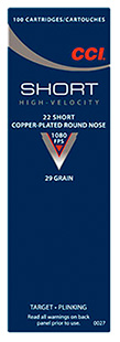 CCI 22 SHORT 29GR PLATED RN 1080FPS 100RD 50BX/CS - for sale
