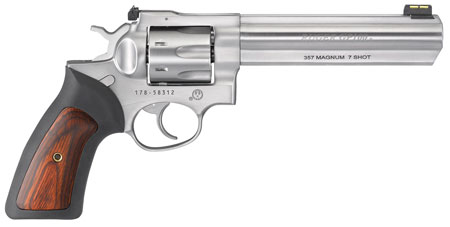 RUGER GP100 357MAG 6" ADJ. SS RUBBER W/HARDWOOD 7-SHOT - for sale
