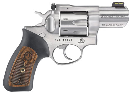 RUGER GP100 357MAG 2.5" ADJ. SS RUBBER W/HARDWOOD 7-SHOT - for sale