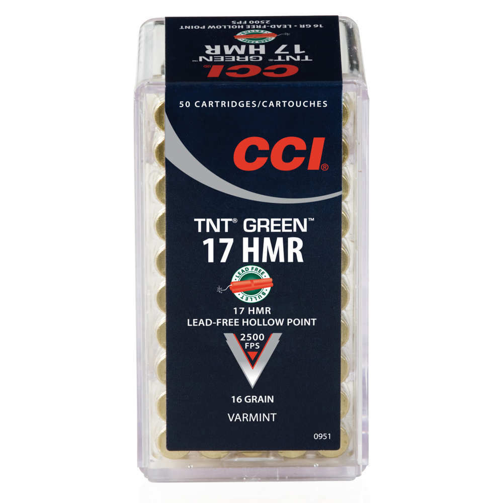 CCI GREEN LEAD FREE 17HMR 16GR TNT-HP 2500FPS 50RD 40BX/CS - for sale