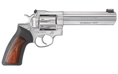 RUGER GP100 357MAG 6" ADJ. SS RUBBER W/HARDWOOD 7-SHOT - for sale